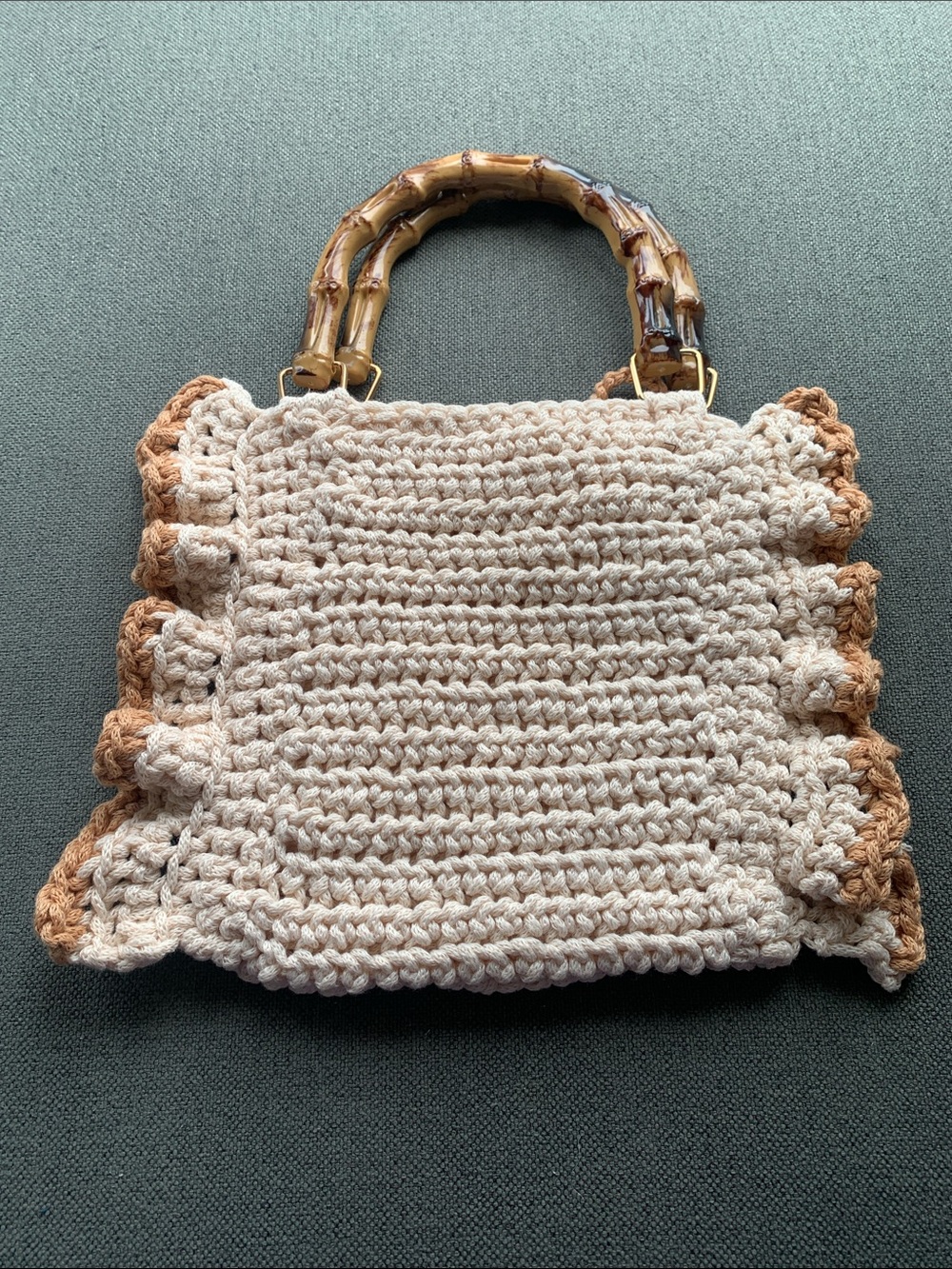 Cream & Tan Crochet Tote with Bamboo Handles - Picture 2 of 5